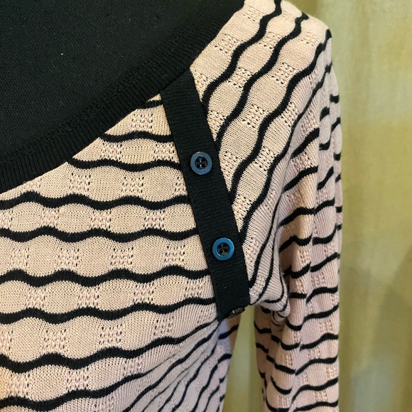 Free People Size L Wavy Stripe Pointelle Knit Peplum Long Sleeve Top Pink Black - Picture 2 of 5